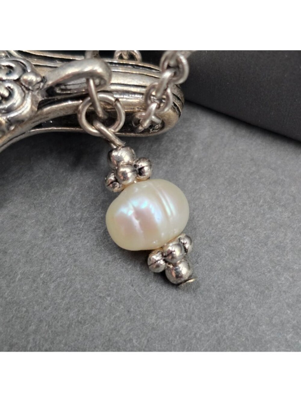 Vintage Blessed Spoon Pendant Necklace Silver Pearl Long Boho Statement Piece - Picture 11 of 16